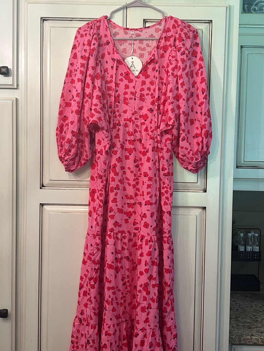 Pink Floral Midi Dress with Puff Sleeves